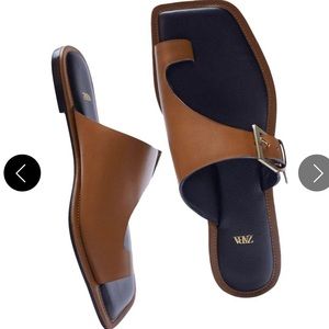 Zara - Asymmetric brown leather sandals. Flat with buckles